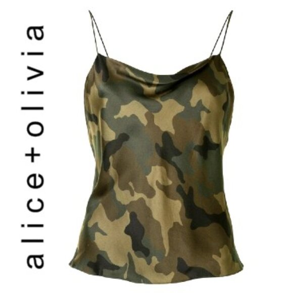 Alice + Olivia Tops - Alice + Olivia Harmon Top Camo Cami Drape Slip Tank Cowl Neck Camisole Green S
